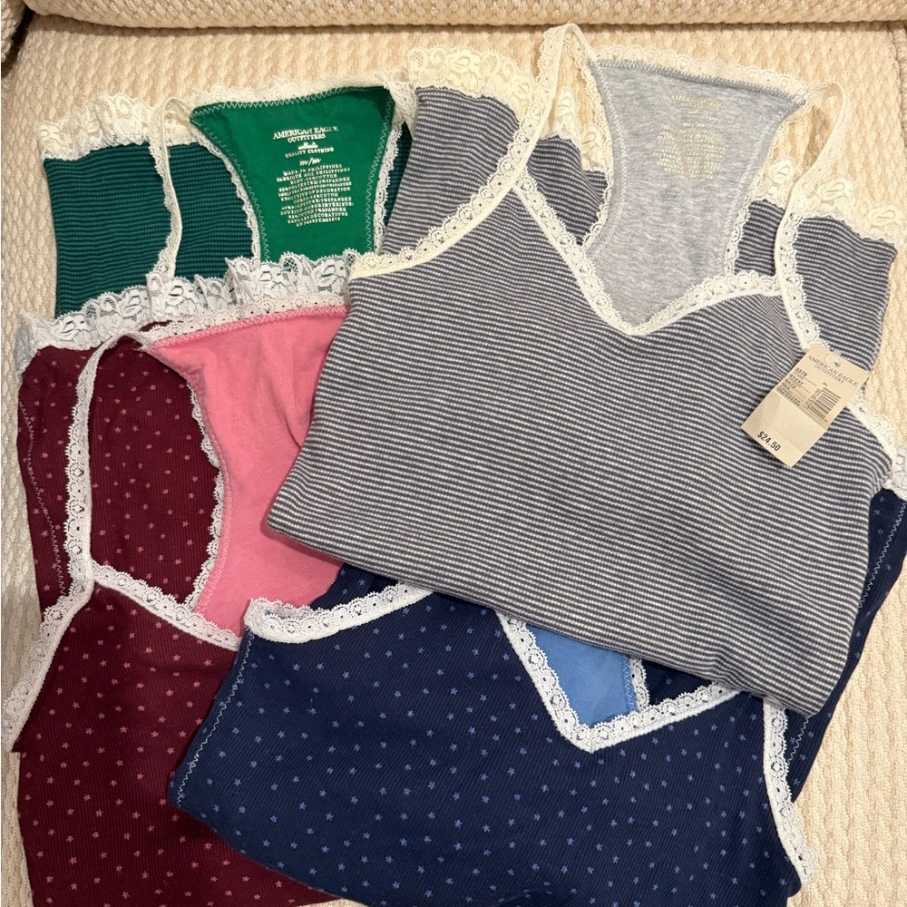 American Eagle lace trim camis - Assorted Colors. 2 with tags. Built in bra.